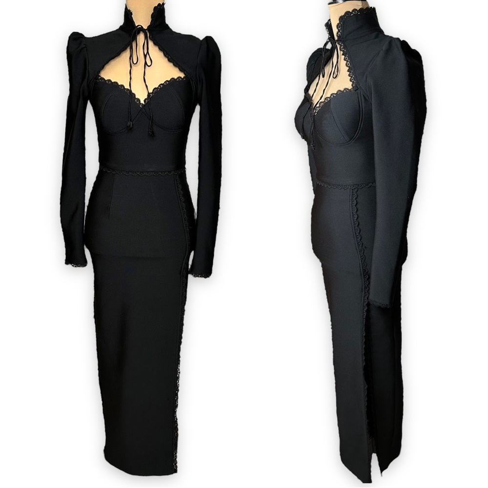 Black Gothic Bodycon Maxi Dress Sweetheart High Neck Long Sleeves Size Small